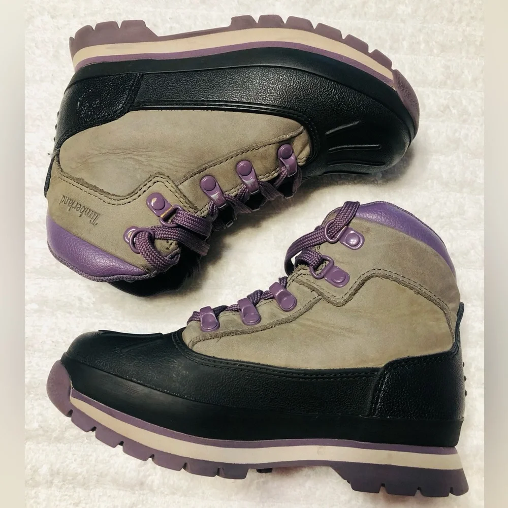 Timberland Youth Shell Toe Euro Unisex Hiker Boots, Grey/Purple. Size 13